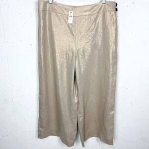 Talbots Womens Linen Cropped Wide Leg Pants Gold Flat Front Side Zip Size 12P